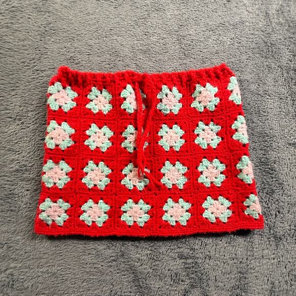 Handmade Dresses & Skirts - Crochet Knit Granny Square Mini Skirt Womens 24" Red Floral Drawstring Pull On